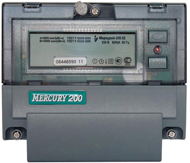 Electric meter Mercury 200.02 exterior view. 