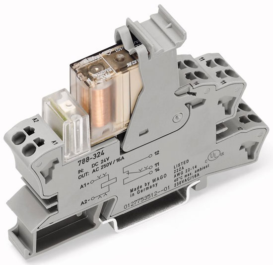Electromagnetic relay for DIN rail mounting. 