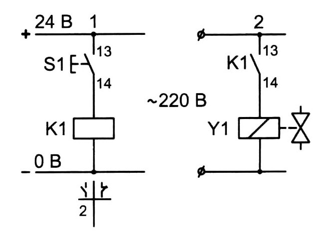 Example wiring diagram, controlling a pneumatic valve solenoid with a relay. 