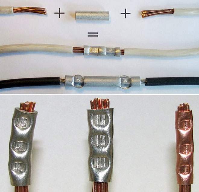 Joining wires with crimp sleeves.