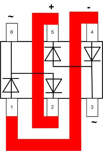 Connection by external conductors of the BAV99S diode assembly, to obtain a complete diode bridge. 