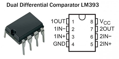 Appearance and wiring diagram of an LM393 voltage comparator