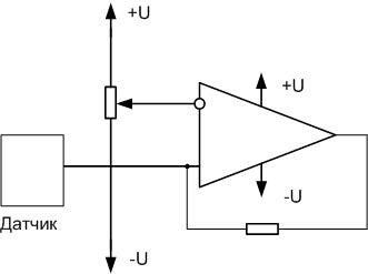 Schematic of a comparator with input voltage from a sensor. 