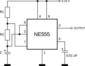 Schematic diagram of NE555 operation in multivibrator mode. 