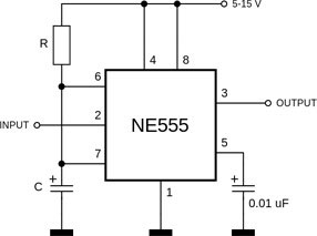NE555 circuit diagram of NE555 operation in single vibrator mode. 