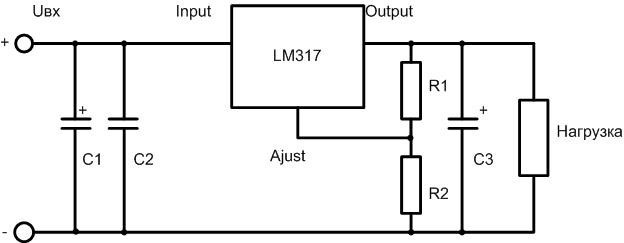 Standard circuit diagram of the LM317 chip. 