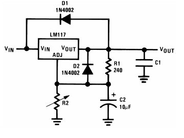Switching circuit of LM317 with two diodes D1 and D2. 
