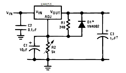Switching scheme of the LM317 chip with a capacitor in parallel to the variable resistor. 