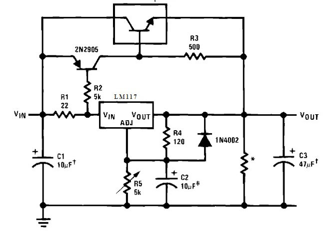 Switching circuit of the LM317 with an external transistor. 