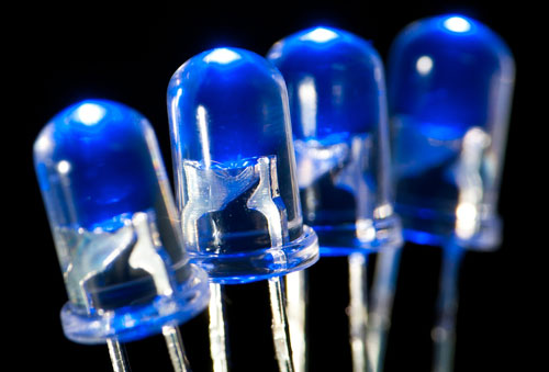 Exterior view of a blue LED. 