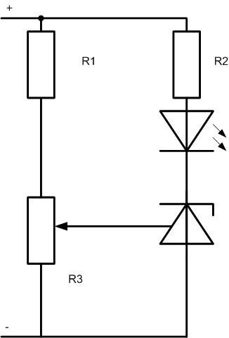 Schematic for testing the TL431 with a potentiometer. 