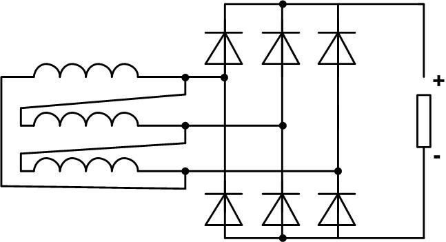 Three-phase rectifier circuit with delta transformer. 