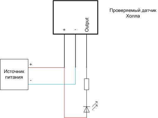 Schematic diagram for checking the Hall sensor with an LED. 