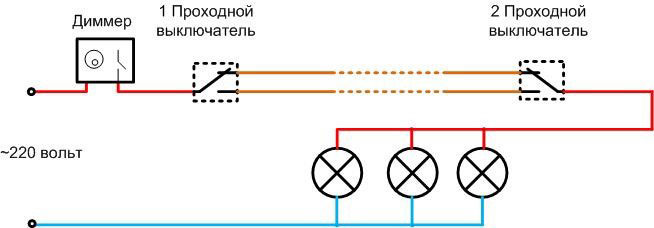 Diagram of connection of a dimmer with through-breakers. 