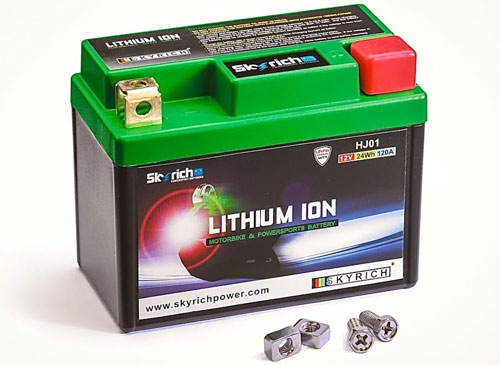 The appearance of a lithium-ion battery for a motorcycle. 