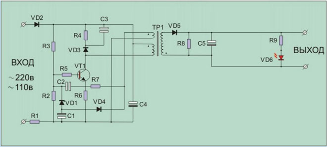 Schematic diagram of a mains battery charger for a portable battery pack. 
